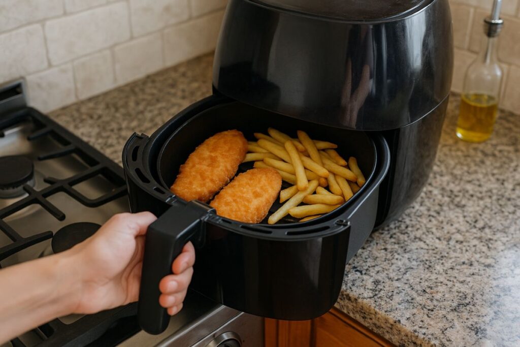 Fisch und Chips aufwärmen